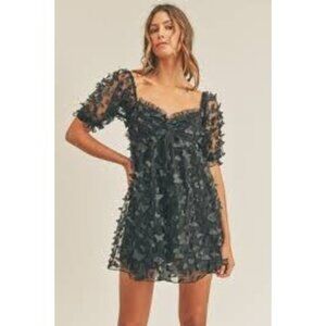 Black Butterfly Medium Mesh Mini Dress By Thirty Three LA Ruched Bust & Puff Sle